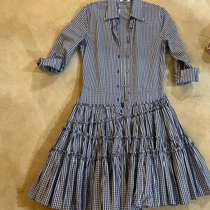 NWT Aqua S Gingham Shirt Dress Fit Flare Retro Tiered Ruffle Plaid Long Sleeve